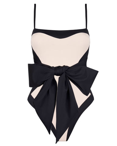 Sashy One Piece Sculpting Shapewear Swimsuit - Frame Oat/Black bow detail close up