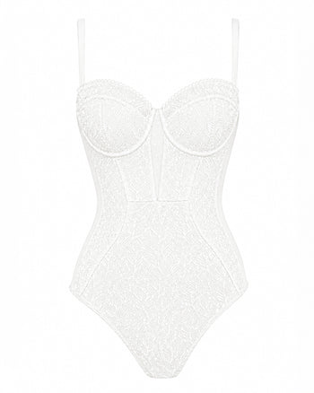 Outline image of Brazilian Bombshell - Lace White tummy control swimsuit