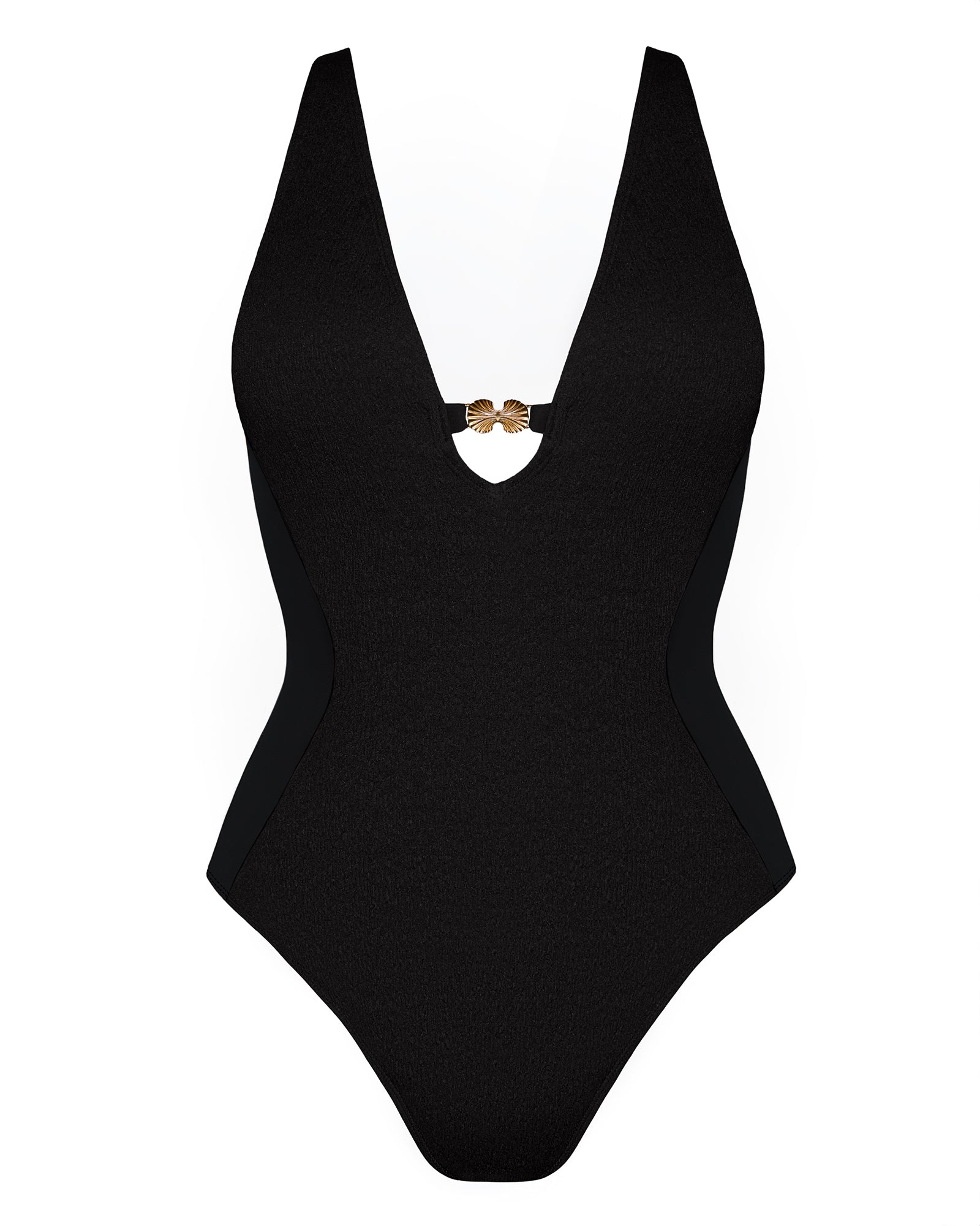 RIKO　黒　38 Brazilian Plungey Keyhole Shapewear Swimsuit - Crinkle Black | TA3