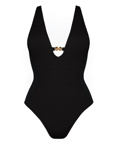 Three quarter back of model wearing Brazilian Plungey Keyhole - Crinkle Black