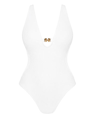 Back view of model in Brazilian Plungey Keyhole - Crinkle White