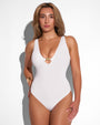 Front view of model in Brazilian Plungey Keyhole - Crinkle White