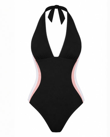 Three quarter back view of Halter Plungey - Contour Black/Rose/White tummy control swimsuit on model