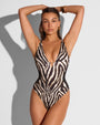 Model posing in Hi Cut Plungey Triangle - Contour Ivory Zebra/Black front view