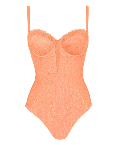 Three quarter back view of Bombshell - Lace Papaya on model
