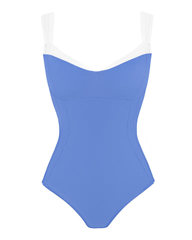 Three quarter back of model in Peaky - Bluebell/White