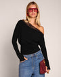 Front view of model wearing Sashy Wedge Long Sleeve Top - Black/Lace Black
