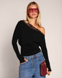Front view of model wearing Sashy Wedge Long Sleeve Top - Black/Lace Black
