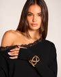 Close up front view showing the lace neckline on Off Shoulder Long Sleeve Mini Dress - Black