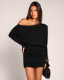 Model posing in Off Shoulder Long Sleeve Mini Dress - Black front view