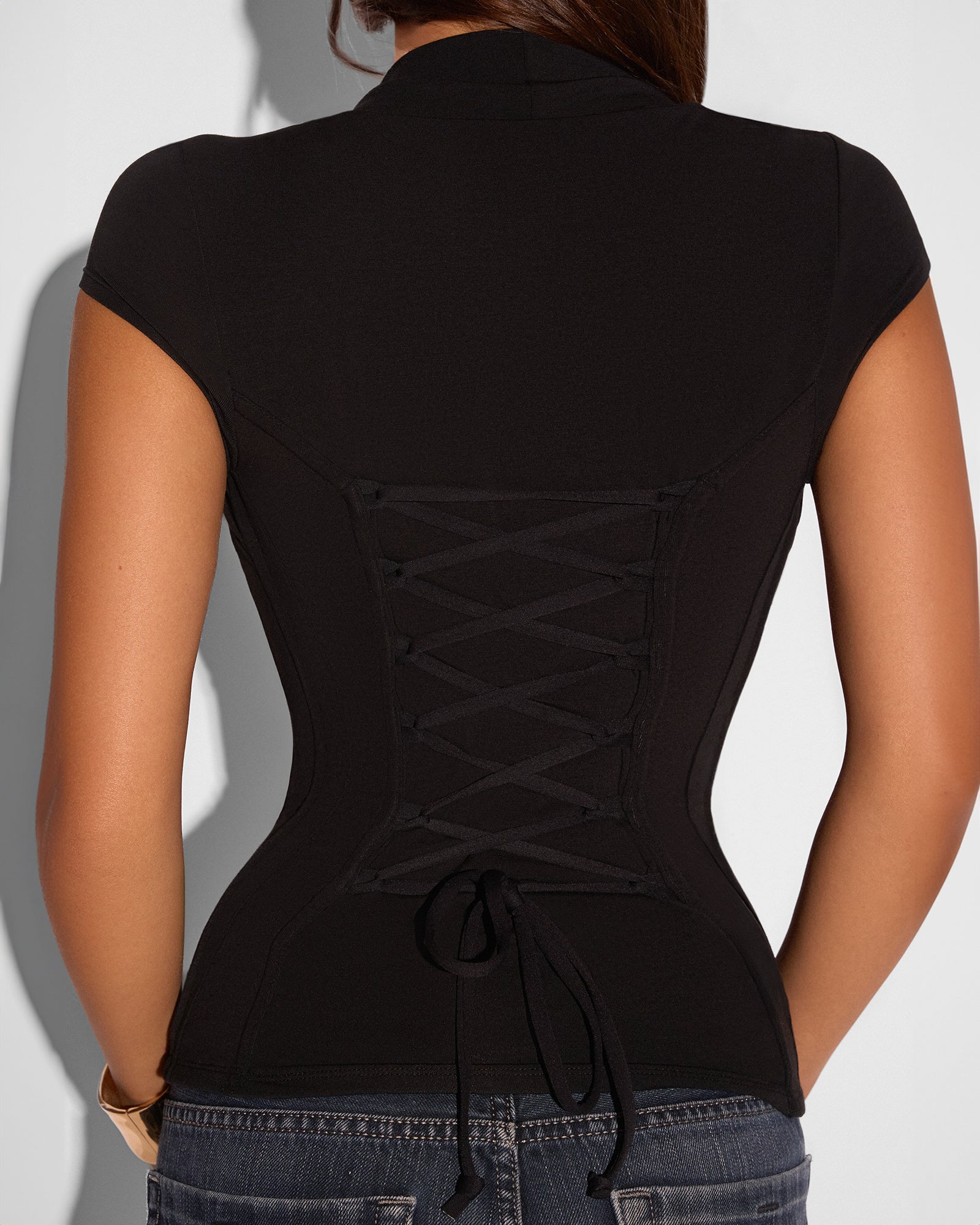 Shapey Ruched Short Sleeve Built-In Shapewear Top - Black | TA3