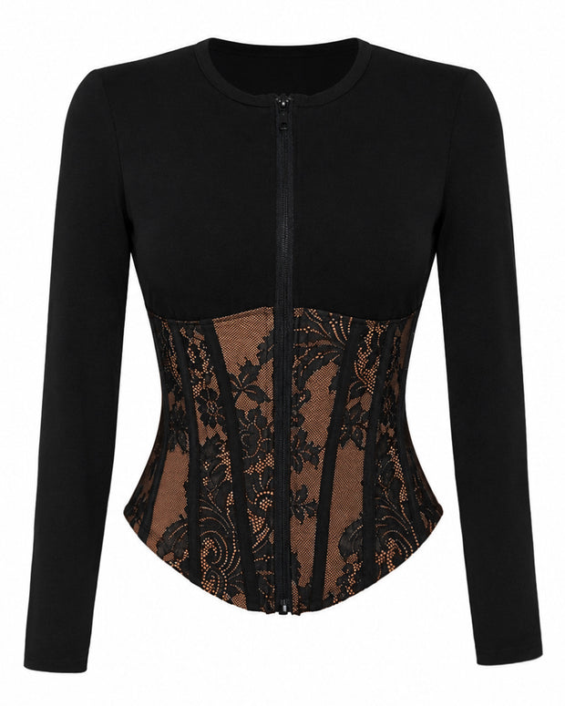 Outline image of Corsety Long Sleeve Top - Lace Black/Tawny