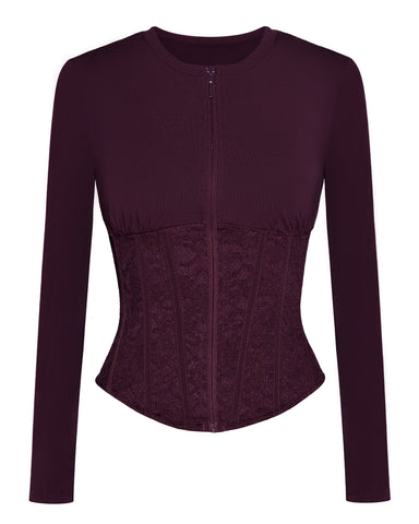 Three quarter back view of model in Corsety Long Sleeve Top - Lace Garnet/Garnet