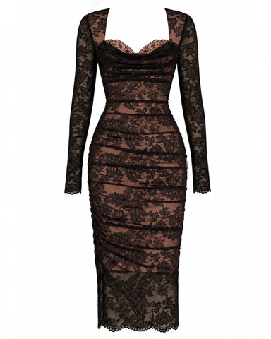 Full body three quarter back view of model in Sweetie Long Sleeve Column Dress - Lace Black/Tawny