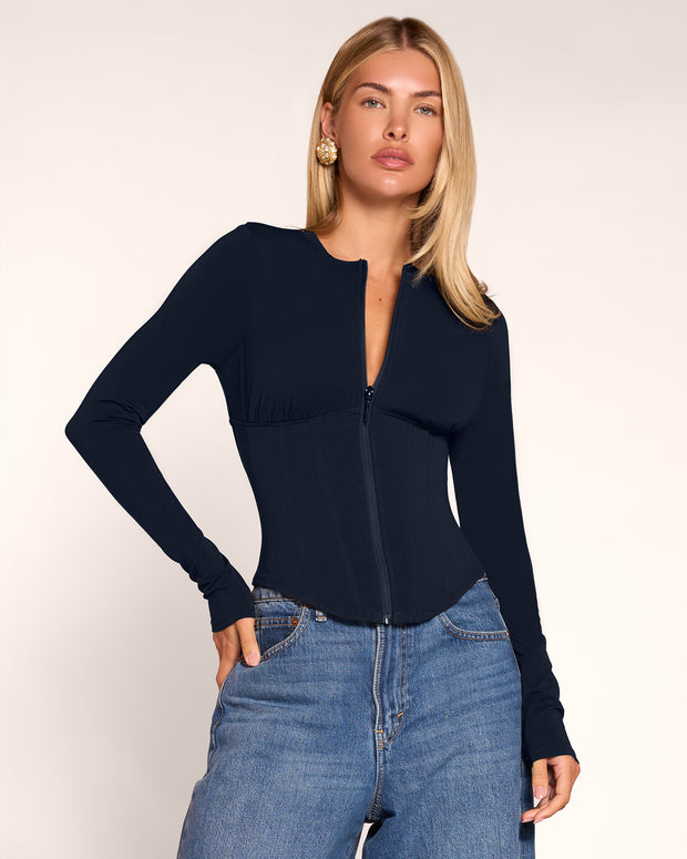 Front view of model wearing Corsety Long Sleeve Top - Midnight 