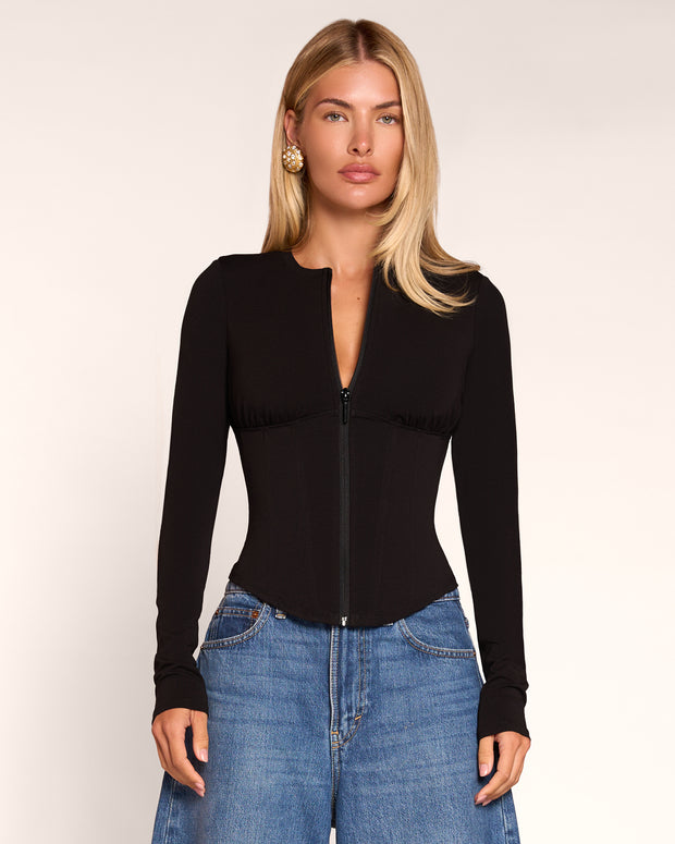Front view of model wearing Corsety Long Sleeve Top - Black 