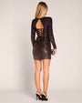 Full body back view of model in Long Sleeve Mini Dress - Sequin Ombre Bronze/Plum