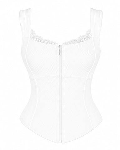 Three quarter back of Corsety Seamed Tank - Lace Rib White