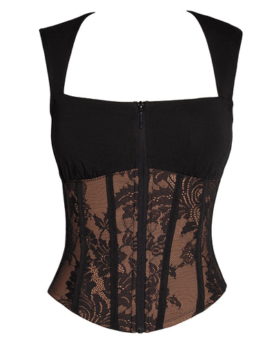 Outline image of Corsety Square Neck Sleeveless Top - Lace Black/Tawny