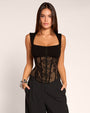 Front view of model wearing Corsety Square Neck Sleeveless Top - Lace Black/Tawny