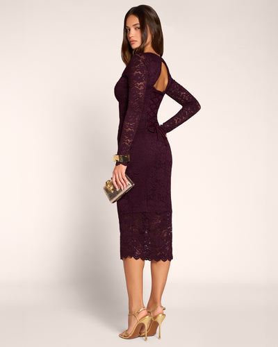 Full body back view of model in Seamed Lushy Long Sleeve Midi Dress - Lace Garnet