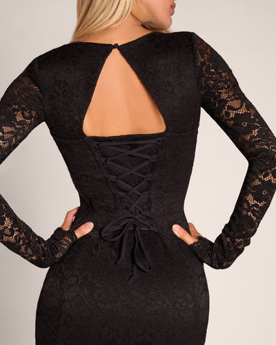 Close up back detail of Seamed Lushy Long Sleeve Midi Dress - Lace Black