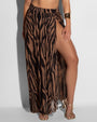 Close up image of model wearing Ringy Sheer Slit Skirty - Mocha Zebra