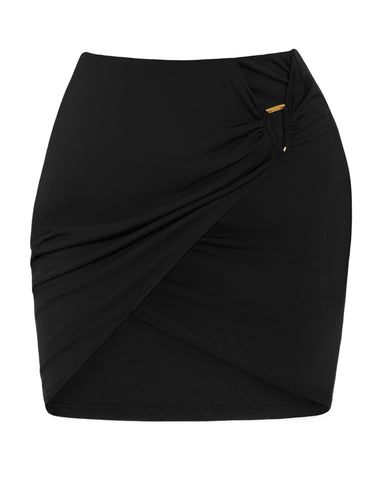Model wears Mini Sarong Skirty Faux Wrap Shapewear Swim Cover-Up - Black back view