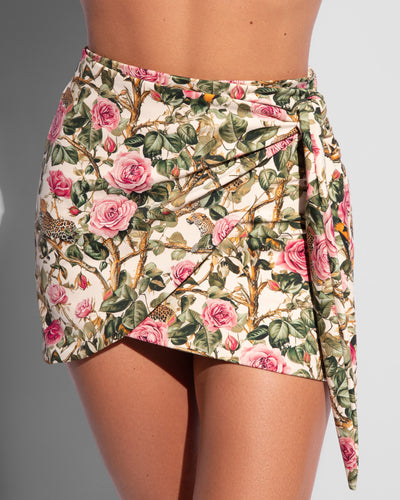 Close up of Mini Wrap Skirty - Pink Rose Leopard on model front view