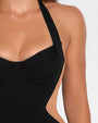 Detail shot of front of Halter Siren - Contour Rib Black/Tawny