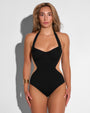 Model wearing Halter Siren - Contour Rib Black/Tawny straight on front view 