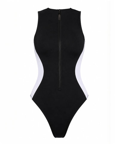 Model wears Hi Cut Sleeveless Surfy Tummy Control Shapewear Swimsuit - Contour Black/White side view