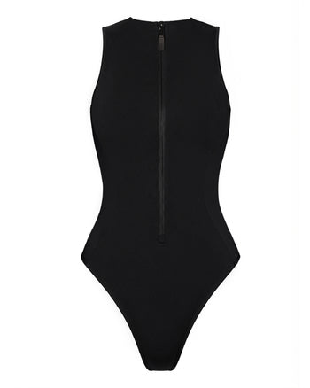 Outline image of Hi Cut Sleeveless Surfy - Black tummy control swimsuit