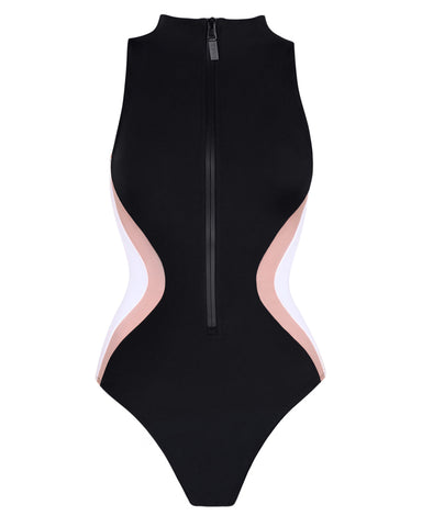 Sleeveless Surfy - Contour Black/Rose/White tummy control swimsuit before and after