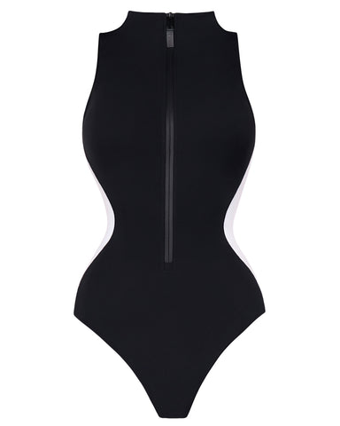 Model wears Sleeveless Surfy Tummy Control Shapewear Swimsuit - Contour Black/White back view