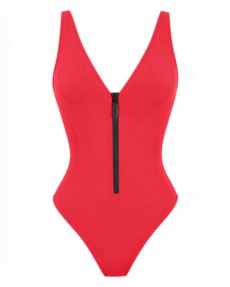 Outline image of Cheeky Plungey Zip - Hot Coral tummy control swimsuit