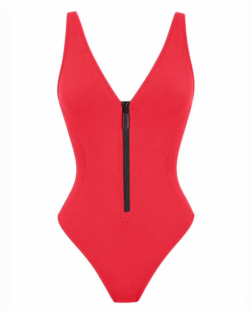 Cheeky Plungey Zip One Piece Shapewear Swimsuit - Hot Coral | TA3