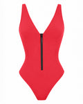 Outline image of Cheeky Plungey Zip - Hot Coral tummy control swimsuit