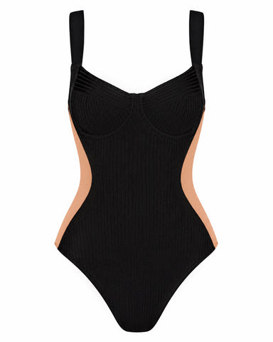 Back view of model in Siren - Contour Rib Contour Rib Black/Tawny