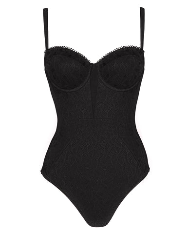 Back view of model in Bombshell - Lace Black tummy control swimsuit