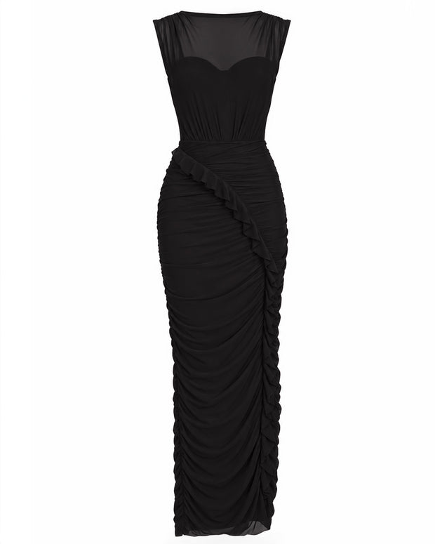 Draped Bombshell Column Maxi Dress - Black