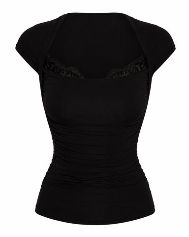 Back view of model in Shapey Ruched Short Sleeve Top - Black