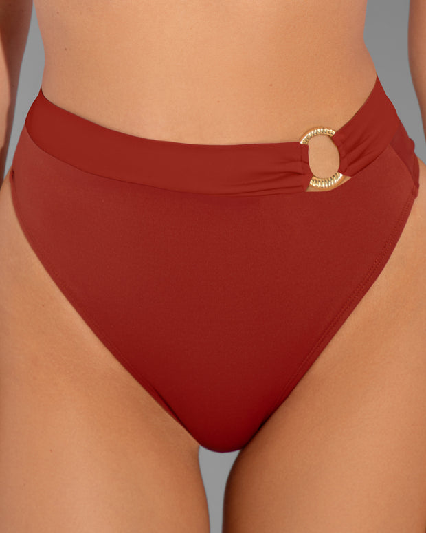 Front close up of Brazilian Ring Kini Bottom - Copper on model