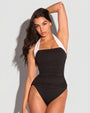 Model in Ruched Square Neck Tankini - Black/White front view 