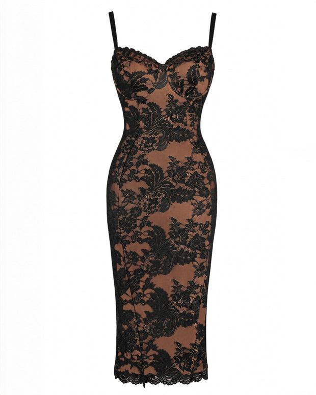 Outline image of Seamed Lushy Midi Dress - Lace Black/Tawny