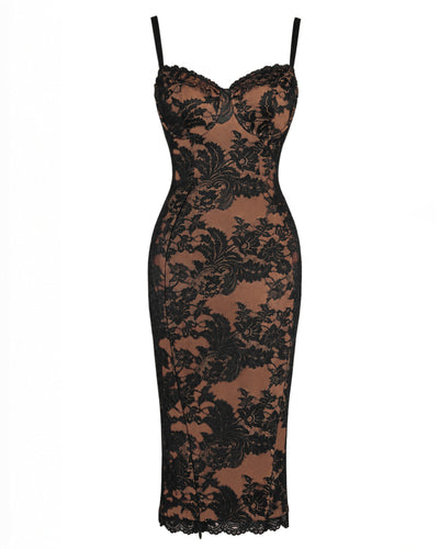 Outline image of Seamed Lushy Midi Dress - Lace Black/Tawny