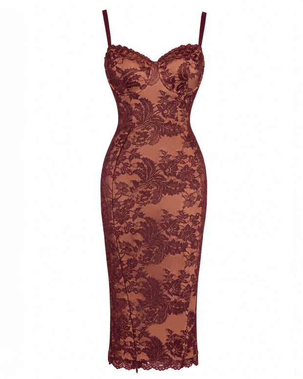 Outline image of Seamed Lushy Midi Dress - Lace Garnet/Tawny