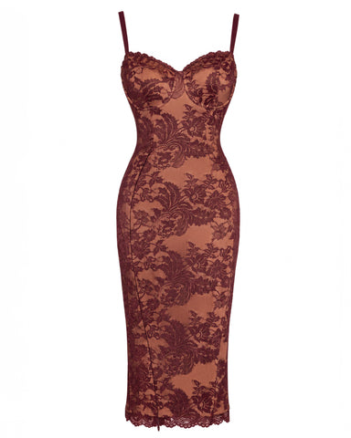 Full body back view of model in Seamed Lushy Midi Dress - Lace Garnet/Tawny