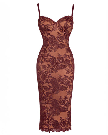 Outline image of Seamed Lushy Midi Dress - Lace Garnet/Tawny