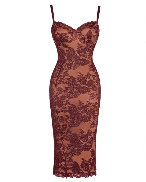 Outline image of Seamed Lushy Midi Dress - Lace Garnet/Tawny